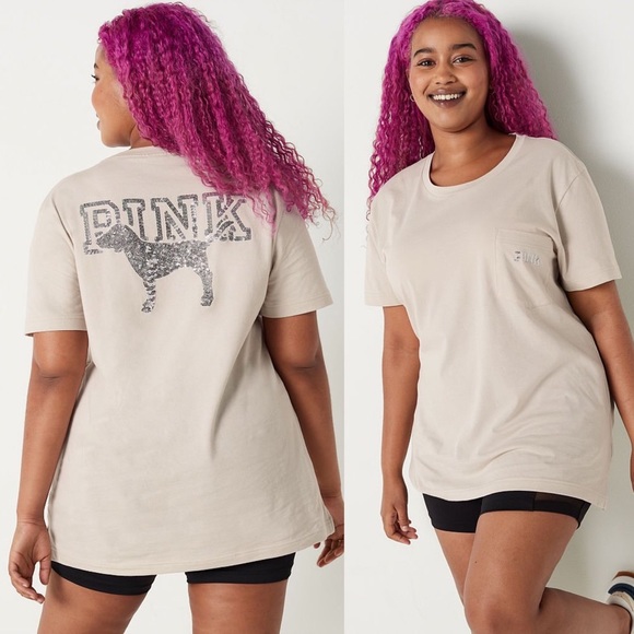 Victoria's Secret PINK Campus Short Sleeve Tee Vanilla Bean Shine NEW - Picture 1 of 7